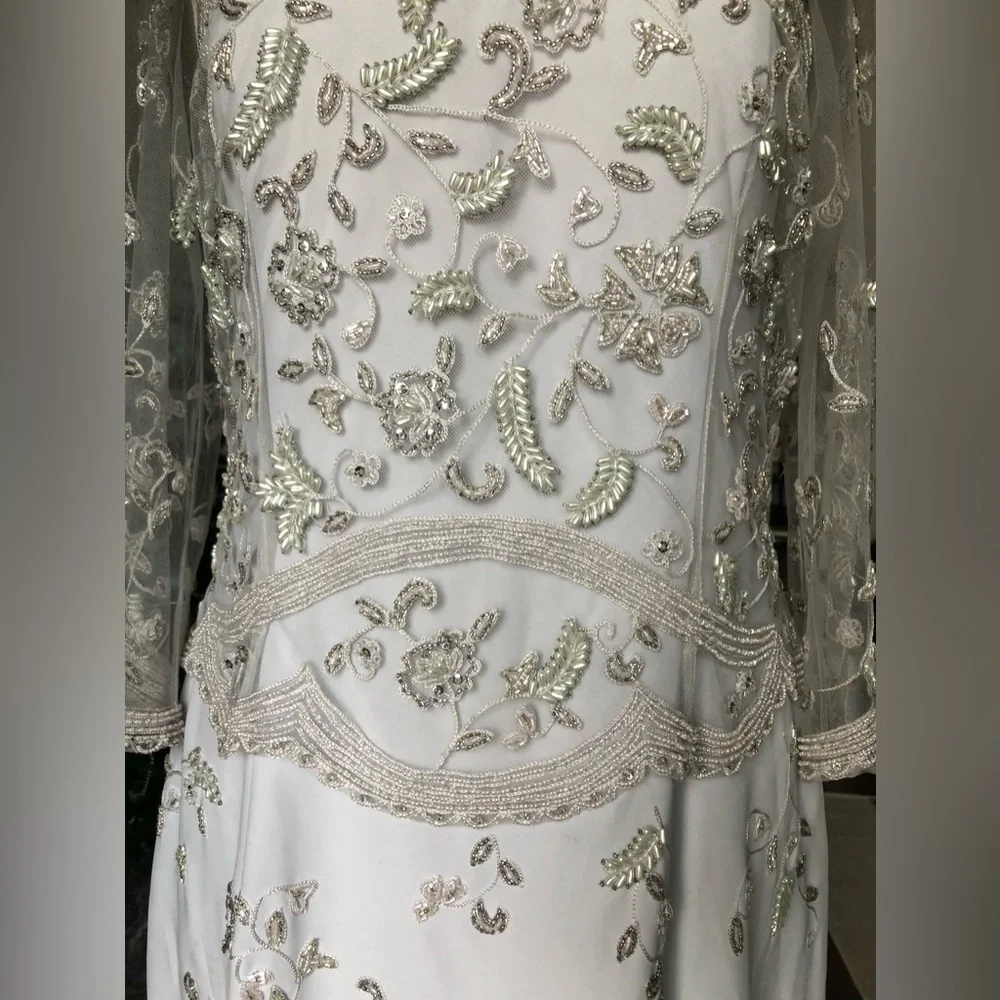 Montage Mon Cheri Gown Baby Blue Light Gray Long Sleeve Beaded Illusion MOB - Picture 8 of 17